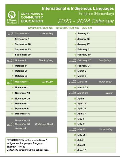 School calendar for 2024 at the Chinese langauge program (JK to Grade 8) elementary at Notre Dame HS